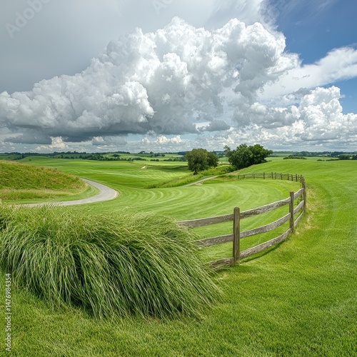 Picturesque Green Field Landscape with Winding Road and Wooden Fence Under Partly Cloudy Sky