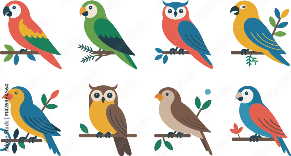 Fototapeta premium Colorful vector illustrations of various bird species perched on branches with detailed feathers