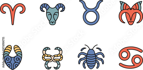 Colorful zodiac symbols set illustrated in a flat design for astrology and astronomy