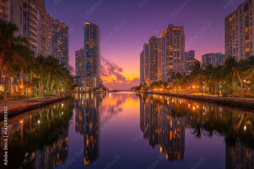 Fototapeta premium Waterway reflects city skyline against purple twilight