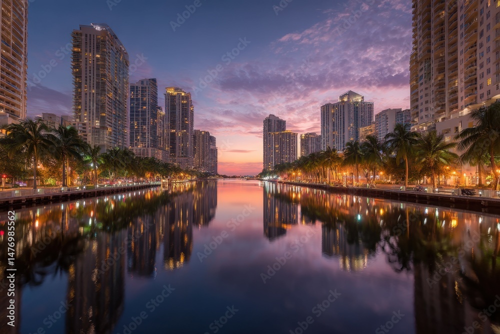Naklejka premium Cityscape skyline at dusk with water reflection