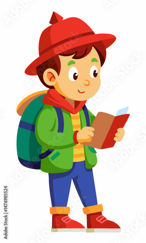 Happy Young Boy Tourist with Backpack Reading a Map