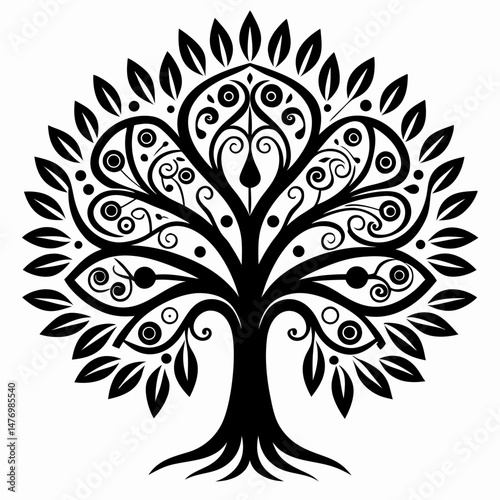 Ornate Black and White Tree of Life Illustration Decorative Design Element