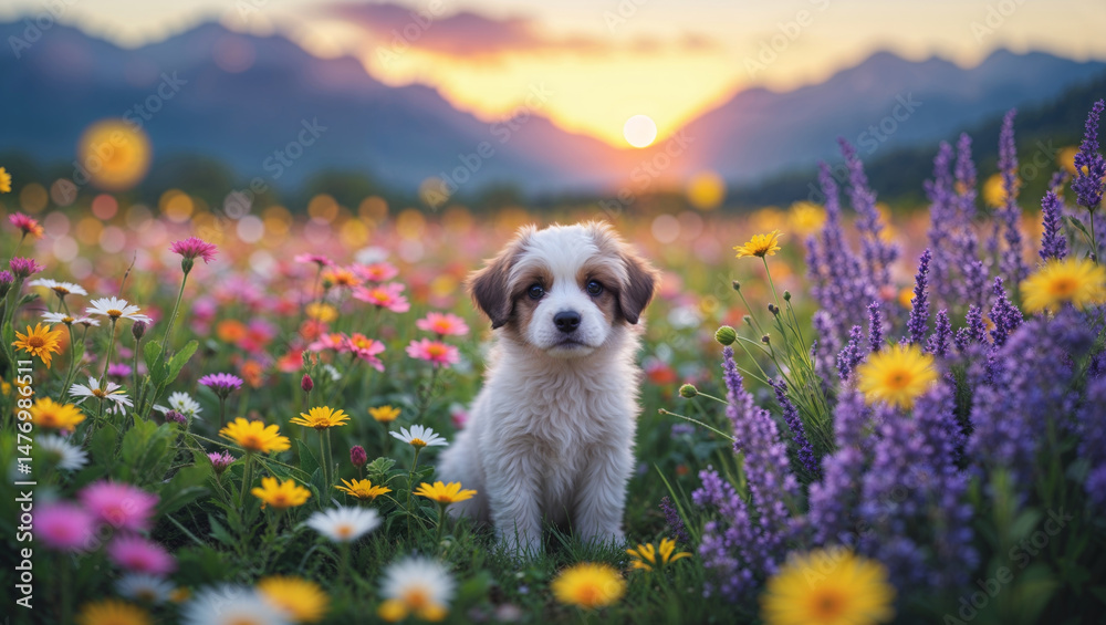 Obraz premium A charming puppy rests amongst a colorful flower field during a beautiful sunset scenery.