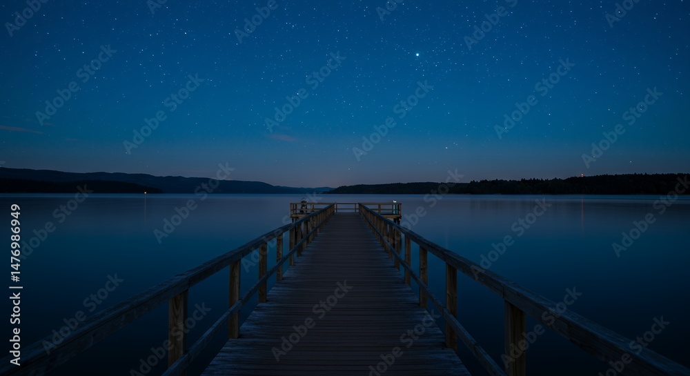 Fototapeta premium Lake Pier at Night with Starry Sky