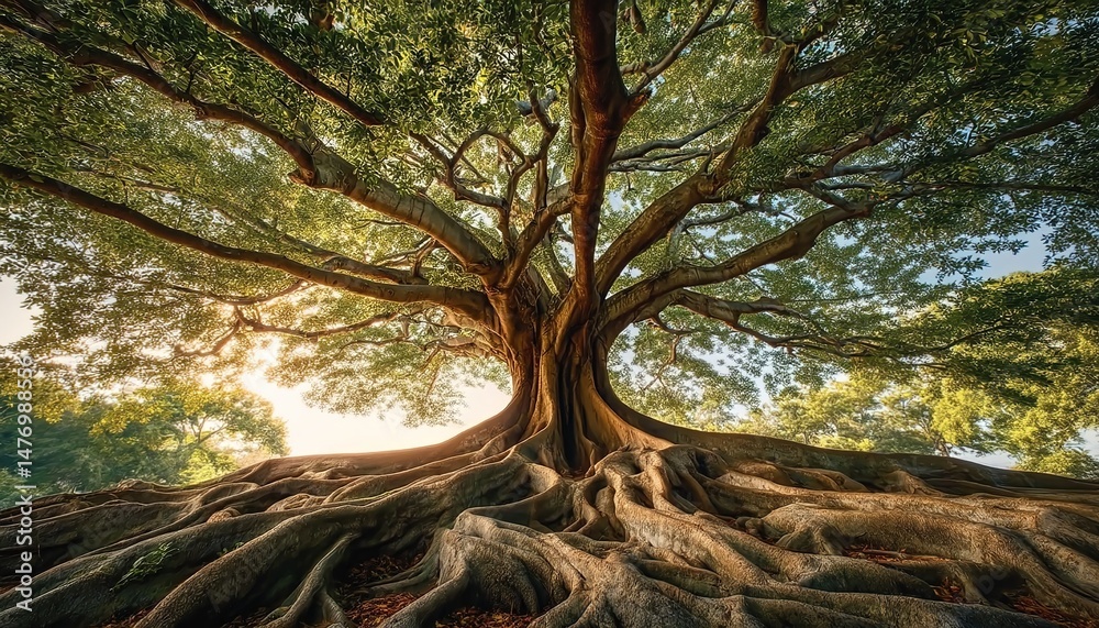 Fototapeta premium Ancient tree with sprawling roots and dense foliage in sunlit forest setting.