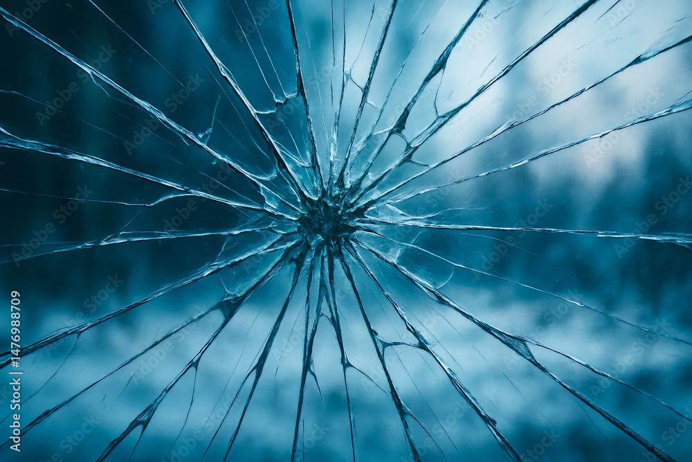 Obraz premium A close up shot of shattered glass with a blue tint and cracks radiating from the center point