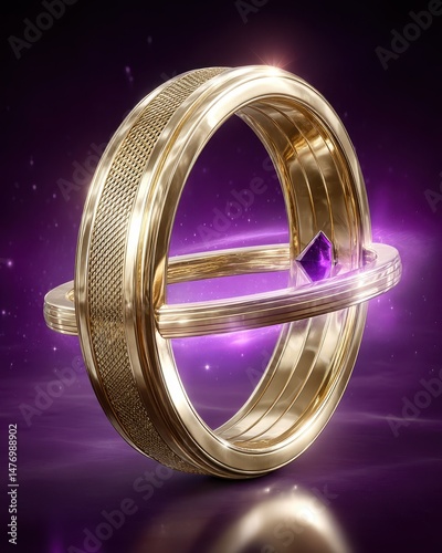 Stunning Golden Ring with Unique Design and Amethyst Gemstone Surrounded by Mystical Purple Light in an Artistic 3D Rendering