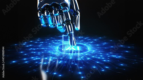 Artificial Intelligence Creating Project with Growing Buildings. Robot Hand Activating Ai Architecture Generator. Futuristic Neural Network Tools Illustration. Machine Learning Technology Concept.