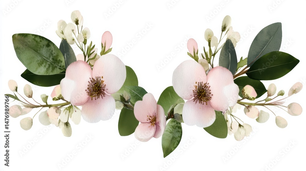 Fototapeta premium Watercolor floral wreath with soft pastel flowers and green leaves on white background