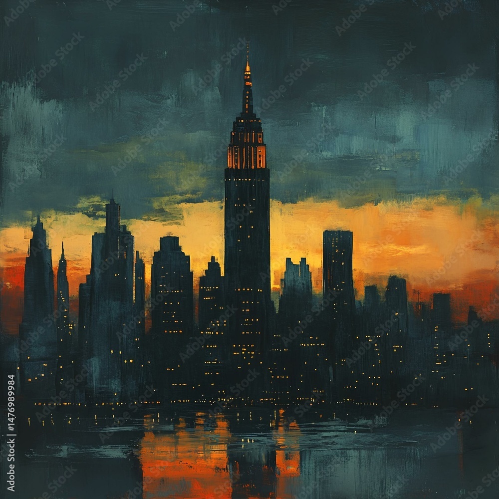 Fototapeta premium Twilight City Skyline with Illuminated Tower