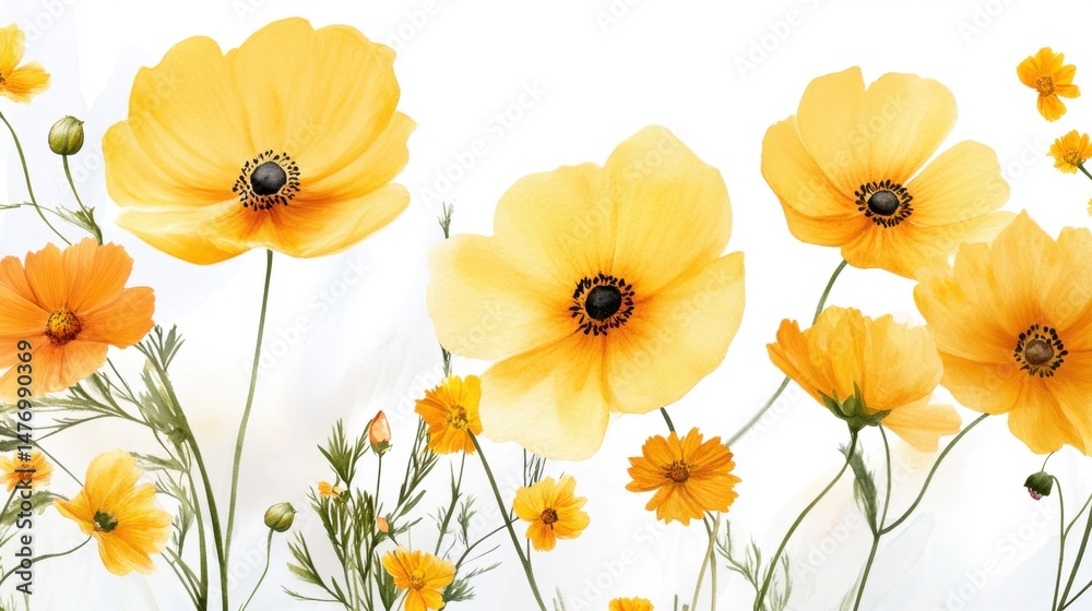 Fototapeta premium Watercolor-painted cosmos flowers in yellow hues, layered with real floral elements