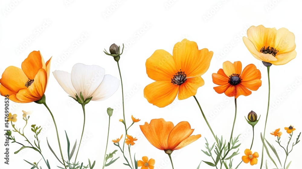 Fototapeta premium Watercolor-painted cosmos flowers in yellow hues, layered with real floral elements
