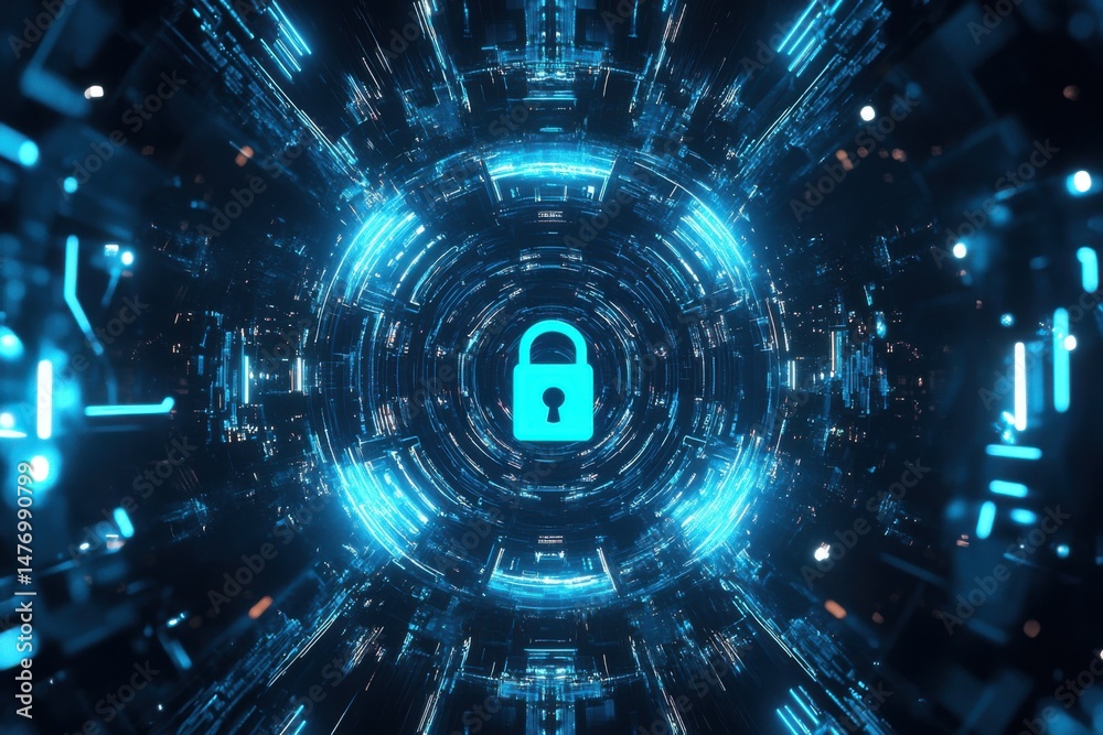 Obraz premium Digital security concept featuring a glowing blue padlock icon surrounded by futuristic technology elements, representing data protection and cybersecurity in a virtual environment