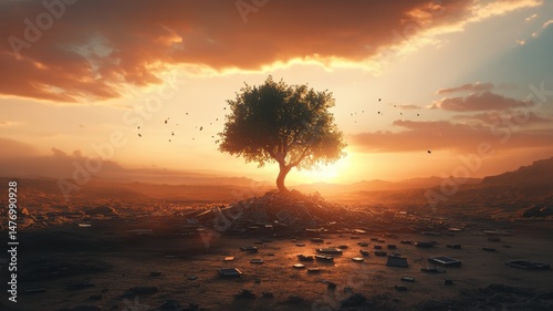 Solitary tree standing amidst digitally scattered debris at sunset with dramatic orange sky and cloudscape reflected in deserted landscape. Symbiosis of nature and technology