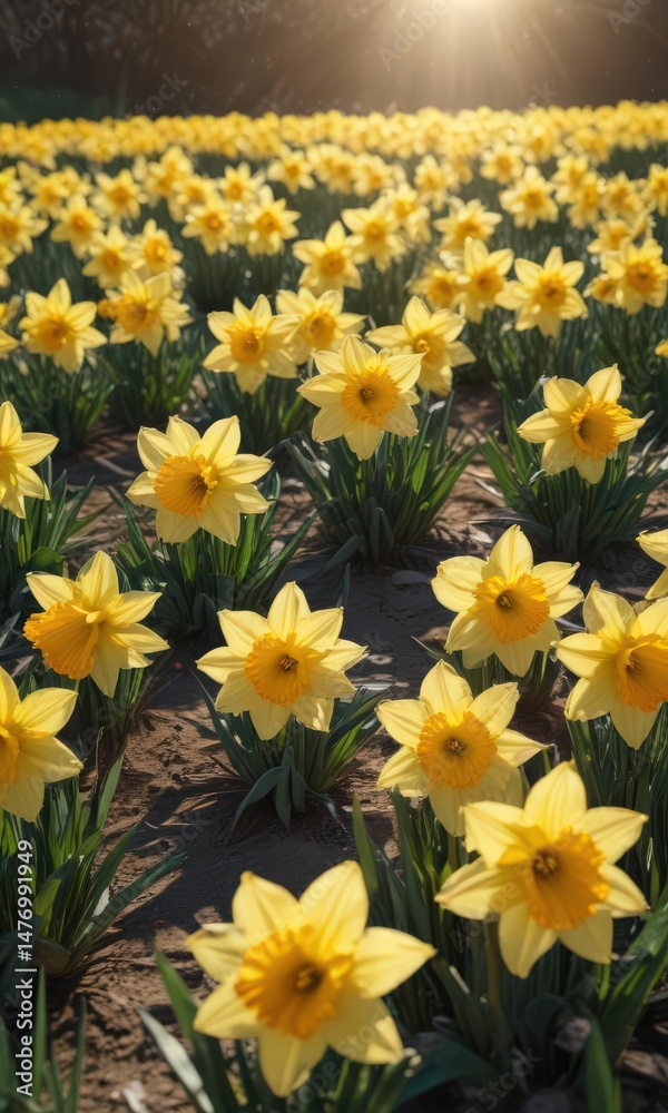 Obraz premium Dense cluster of daffodils basking in sunlight, springtime, garden, wildflowers
