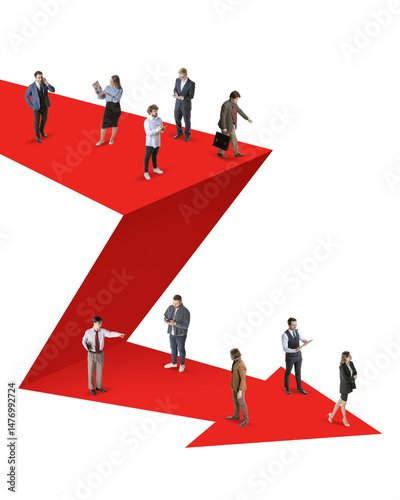 Composite image. Businesspeople standing on sharp red arrow platform falling steeply. Symbol of instability and downturn in business economy. Concept of economic, finance, money, crisis.