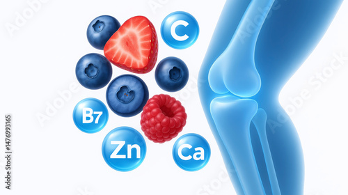 A digital illustration of fruits, vitamins, and minerals next to a human knee, symbolizing nutrition for joint health.