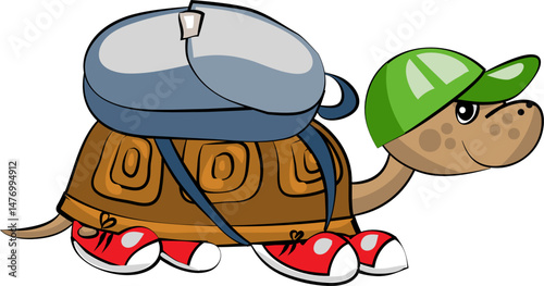 Funny little turtle dressed in cap and sneakers with a backpack on its back. Vector cartoon illustration.