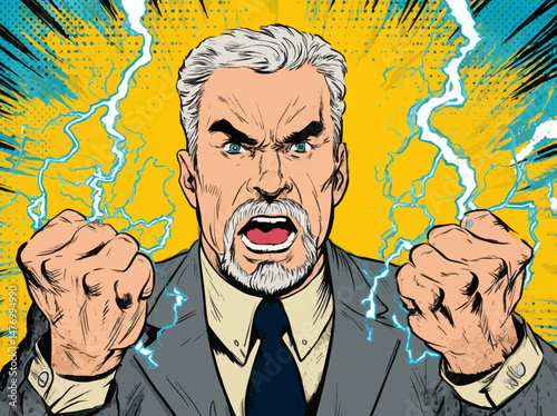A man with silver hair and a beard displays intense anger, clenching his fists. Lightning bursts from behind him, amplifying his fierce expression in a vibrant comic book style.
