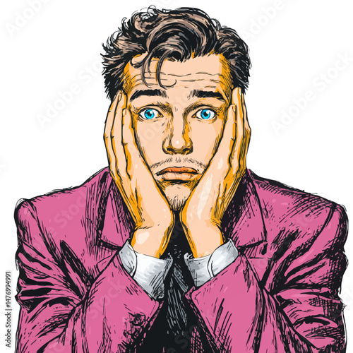 A cartoon character with bright blue eyes wears a vibrant pink suit, resting his chin on hands in surprise. The character appears thoughtful and engaged, conveying a sense of curiosity.