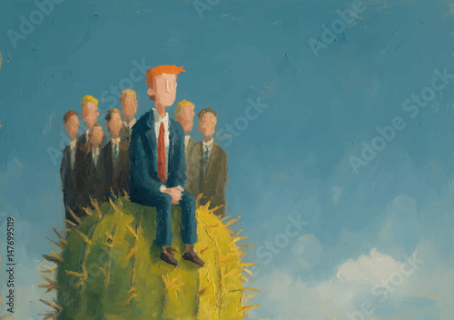 A red-headed man in business attire sits on a large cactus under a bright sky, while several suited figures gather around him, creating a curious contrast in this whimsical setting.