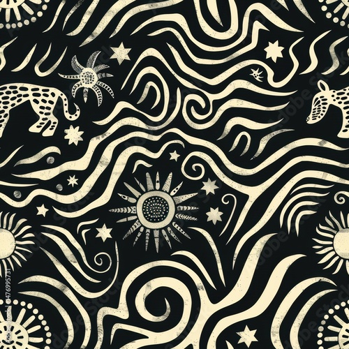 seamless pattern of abstract African animal silhouettes, tribal shapes and symbols, earthy color tones