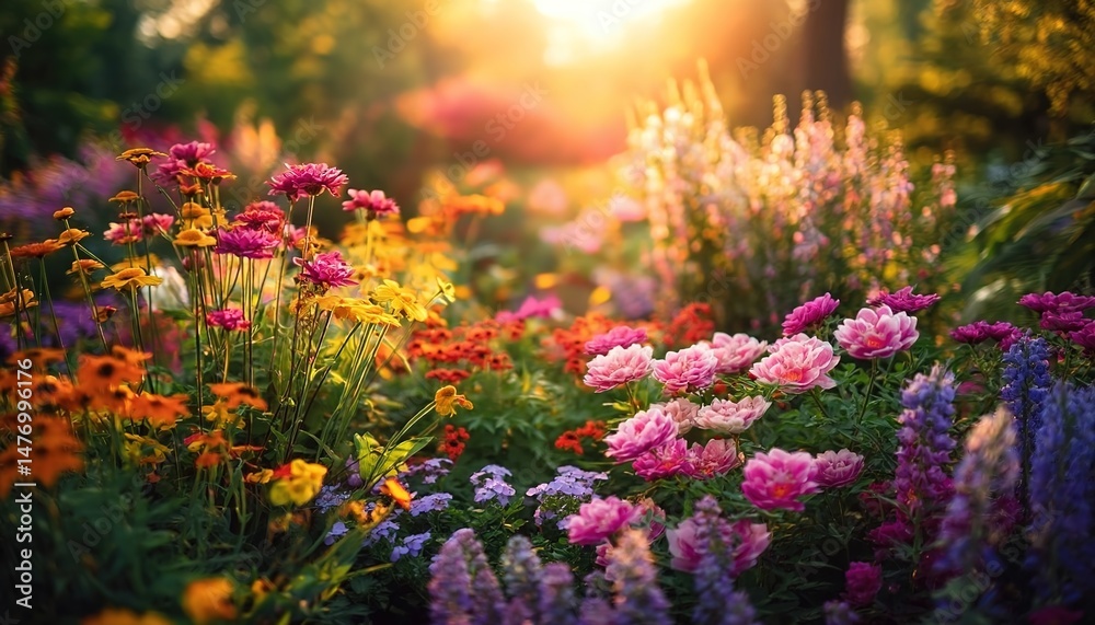 Naklejka premium Colorful flower garden glowing under the setting sun.