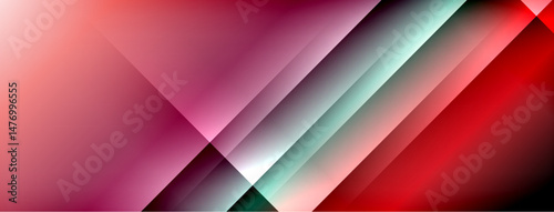 Abstract geometric composition. Diagonal lines, gradients, red, pink, green hues dominate design. Minimalist aesthetic, modern feel.