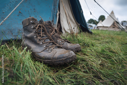 Muddy Boots and Trampled Grass near Tent photo