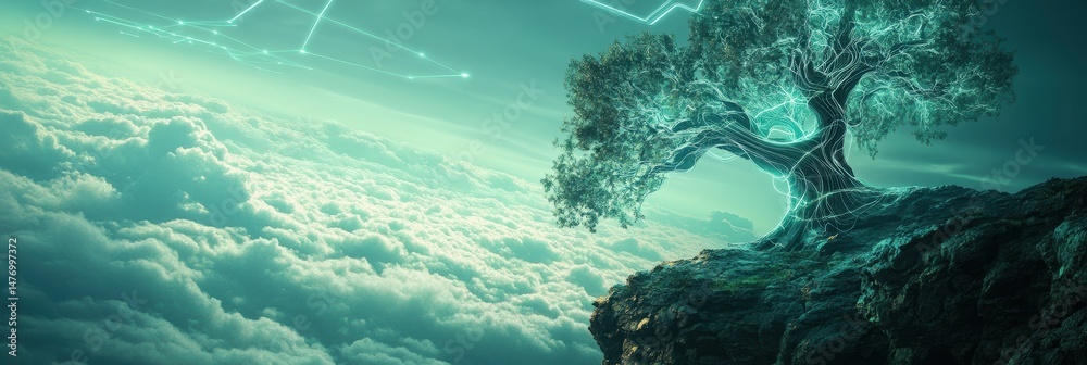 Obraz premium Ancient tree on cloudy cliff illuminated by mystical glowing lines and futuristic sky with greenish hue and surreal atmosphere. Symbiosis of nature and technology