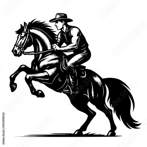 Cowboy riding a rearing horse in vintage black and white engraving style illustration