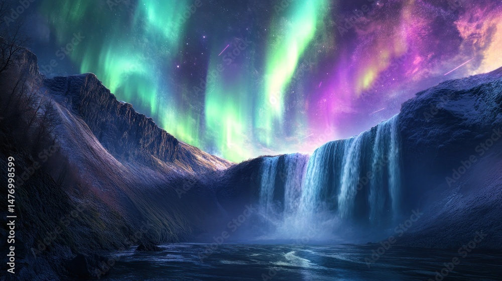 Fototapeta premium Aurora borealis over waterfall and mountains