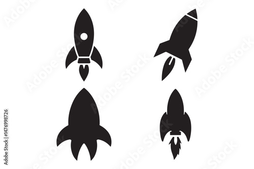 Set Of Detailed Rocket Silhouette Illustration In High Contrast