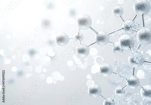 Molecular structure with white spheres, rods, snowflakes, and light spots on light-gray background.