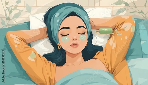 Relaxing Hijabi Girl Skincare Routine Illustration