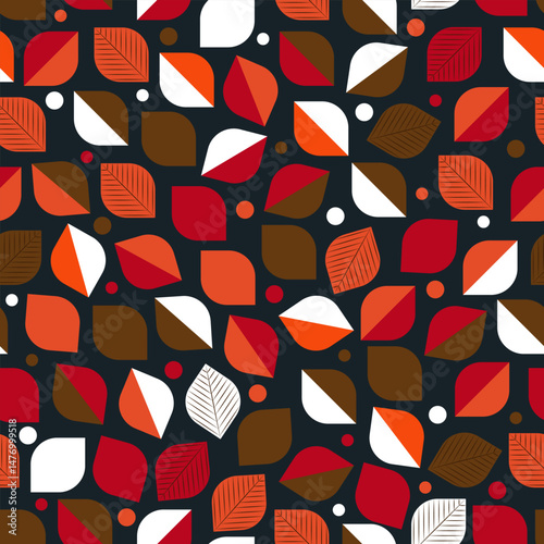 Abstract leaves in an autumn palette on a dark background geometric floral pattern
