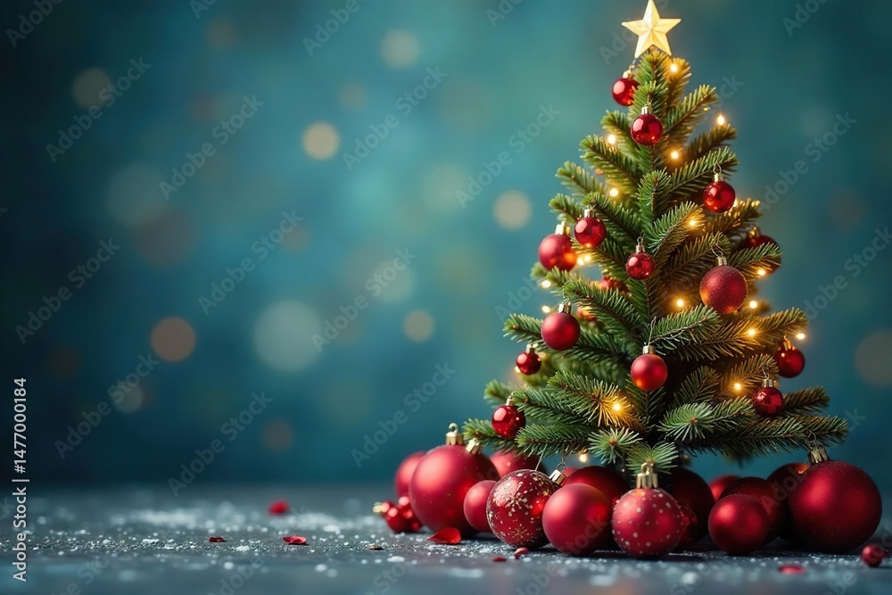 Fototapeta premium A beautifully decorated Christmas tree stands tall, adorned with ornaments and twinkling lights against a blurred background , happy holidays, baubles