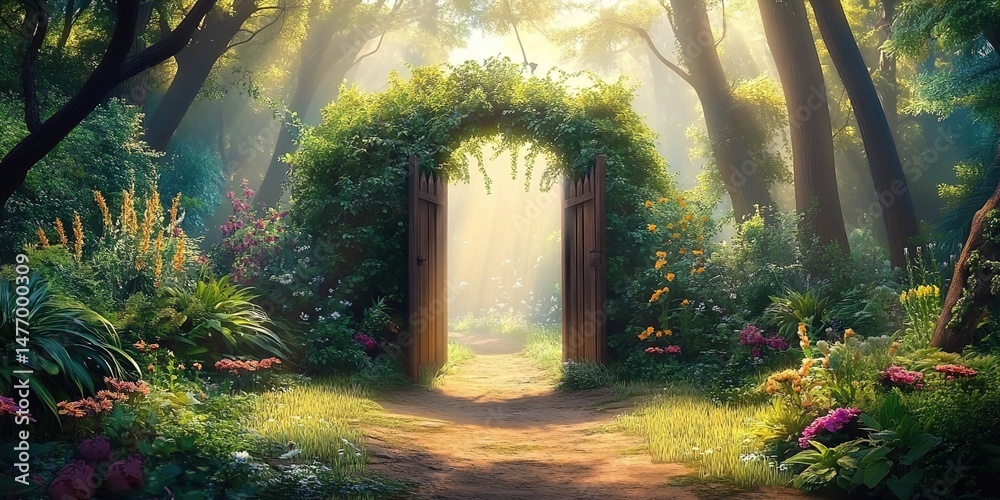 Fototapeta premium Wooden gate arched with vines in lush forest, sunlit pathway surrounded by flowers.