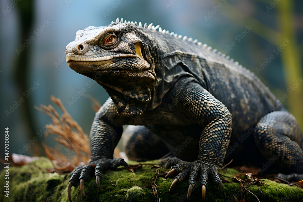 Obraz premium Close Up Portrait Of A Dark Iguana On Mossy Rock