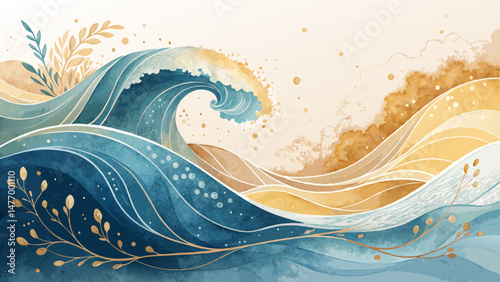 Abstract Gold & Blue Watercolor Background – Ethereal Waves Symbolizing Earth and Heaven for Assumption Celebrations (Copy Space)