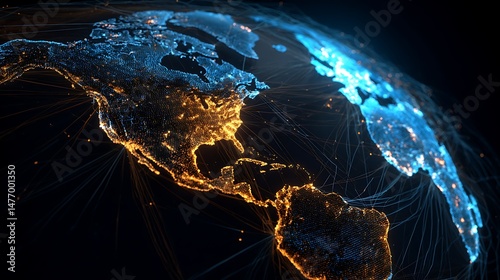 Dynamic digital world map emphasize america continent for ai powered global network connectivity big data transfer cyber technology network information exchange and telecommunication