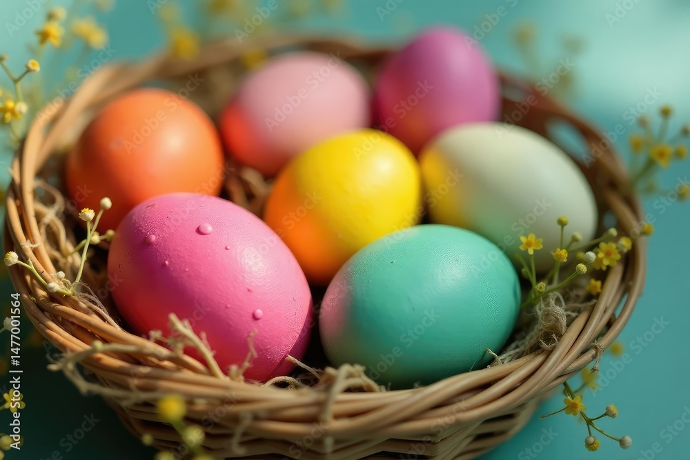 Close-up shot of colorful Easter eggs nestled in a basket, ready to be eaten , pastel colors, decorated eggs
