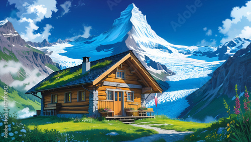 Großglockner, Austria, mountain hut and glacier in the foreground, color illustration mountain,