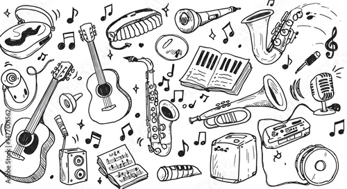 Musical Instrument Doodle Pattern Black and White