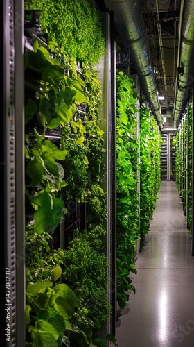 Innovative vertical farming system in data center combines technology and sustainable agricultural practices for eco-friendly urban solutions. Symbiosis of nature and technology