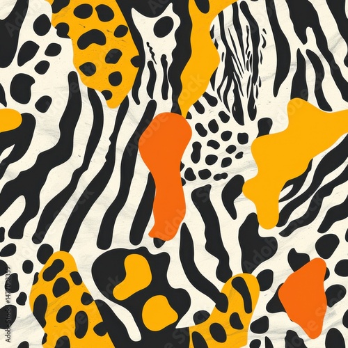 seamless pattern of abstract animal shapes, giraffe spots, zebra stripes, and leopard print, modern pattern style