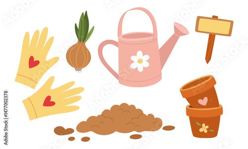 set of items for planting plants. Watering can, gloves, pot, soil, bulb, plaque. Flat color illustration collection. Suitable for postcards, prints, blog design, children's books, packaging design.