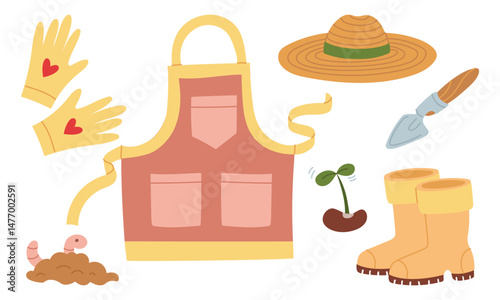 set for planting and garden maintenance. Gardening clothes, sprout, worm in the ground, shovel. Flat color isolated illustration. It is suitable for gardening blogs, packaging of garden products