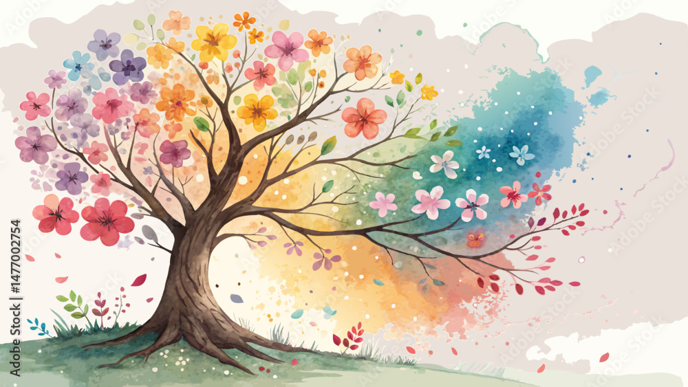 Naklejka premium *Blooming tree with vibrant blossoms symbolizing family roots and growth, cheerful and nurturing, with copy space*
